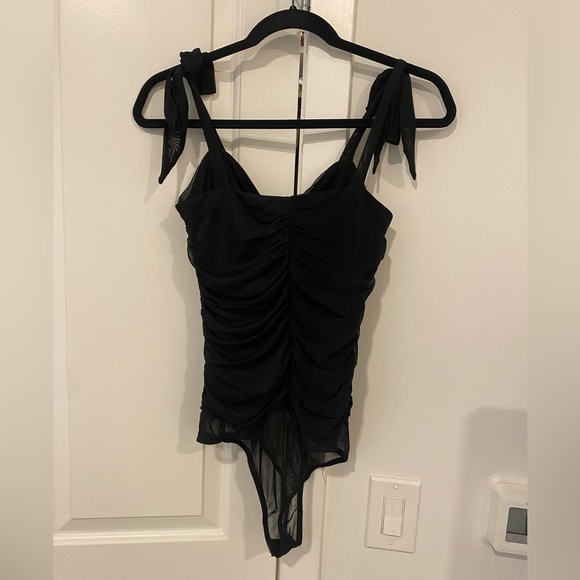 LuLus Eye On Me Black Mesh Tie-Front Ruched Bodysuit (MEDIUM) - Picture 7 of 10